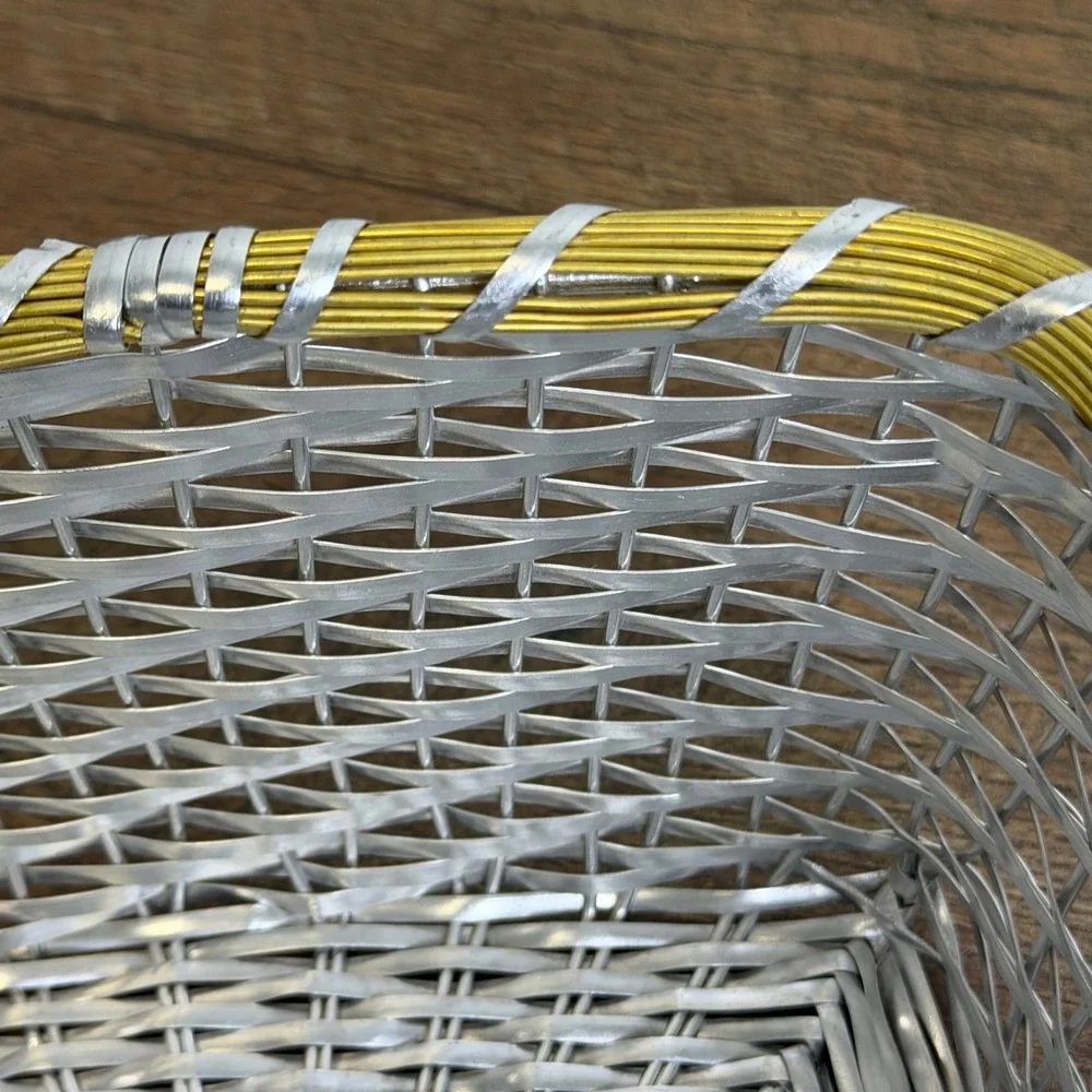 Vintage Woven Metal Wire Basket Silver Gold Trim Square Made in India 9.5 x 5 in